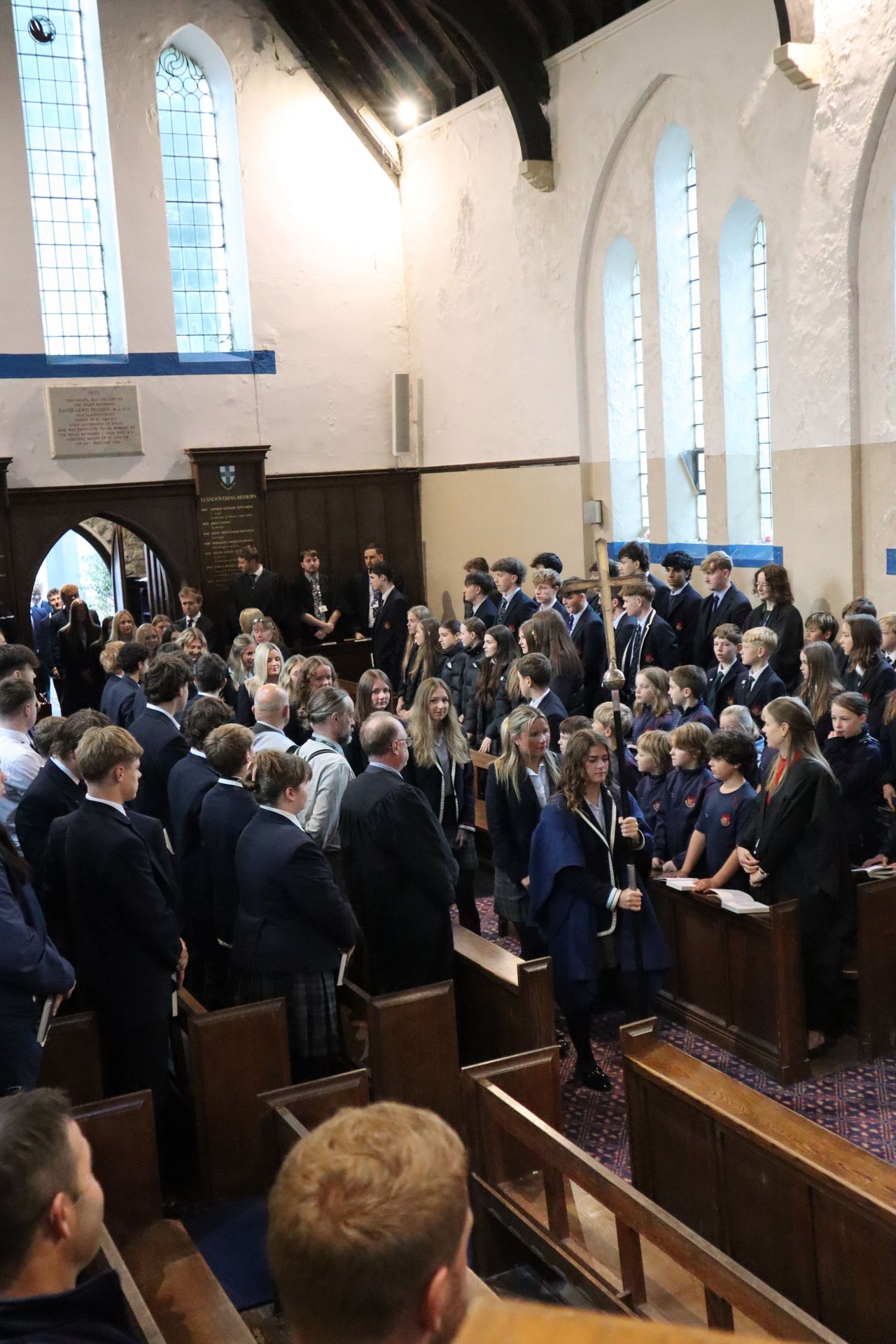 Pupils and staff filling the College Chapel for the Brecon Day Service